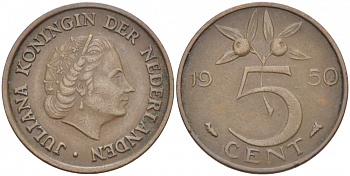 НИДЕРЛАНДЫ 5 ЦЕНТОВ 1950 ЮЛИАНА KM 181 бронза 214-764