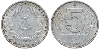 ГДР 5 пфеннигов 1968 A KM 9.1 алюминий 62-221