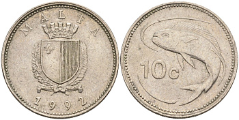 Мальта 10 центов 1992 золотая макрель KM 96 медно-никель 4588-237