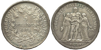 Франция 5 франков 1873 А, Геракл с богинями равенства и братства KM 820.1 серебро 1521-531
