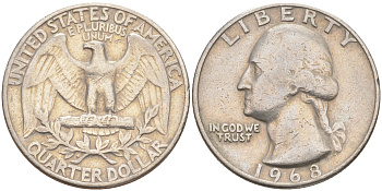 США 25 центов (квотер) 1968 Вашингтон KM 164a медь плакированная медно-никелем 80-555