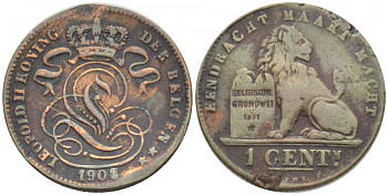 БЕЛЬГИЯ 1 САНТИМ 1902 BELGEN KM 34.1 медь 116-723