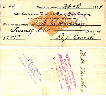 США чек на 25 долларов 1899 Филадельфия бумага 2196-42-3-2