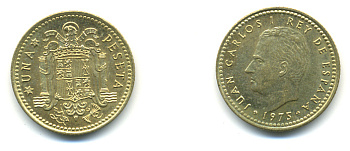 Испания 1 песета 1975 (76) Хуан Карлос I (1975-2001) KM 806 алюминиевая бронза 177-116