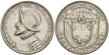 Панама 1/4 бальбоа 1968 Васко Нуньес де Бальбоа KM 11а медь плакированная медно-никелем 4364-3144