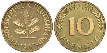 ФРГ 10 пфеннигов 1967 F J. 383, KM 108 сталь плакированная латунью PROOF 1099-4-15
