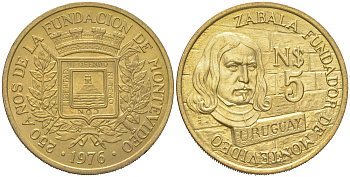 Уругвай 5 новых песо 1976 250 лет основания Монтевидео KM 70 медь алюминий  aUNC  M59-02