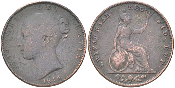 Великобритания 1 фартинг 1848 Виктория (1837-1901) KM 725, Spink 3950 медь 4613-414