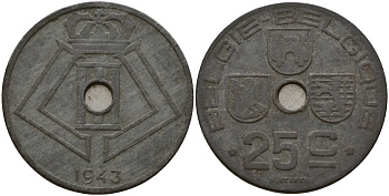 Бельгия 25 сантимов 1943 Belgie - Belgique, Леопольд III (1934-1947), германская оккупация, Вторая мировая война KM 132 цинк 4157-542