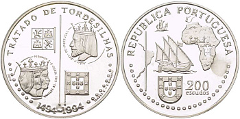 Португалия 200 эскудо 1994 Тордесильясский договор 1494 года KM 671a серебро PROOF 1080-3-13