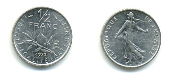 ФРАНЦИЯ 1/2 ФРАНКА 1973 KM 931.1 никель 25-926