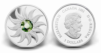 Канада 3 доллара 2011 на день рождения, август, камень месяца перидот KM NEW серебро PROOF 4-3-4-32