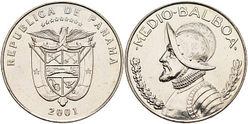Панама 1/2 бальбоа 2001 бюст Бальбоа влево KM 129 медь плакированная медно-никелем 4367-836
