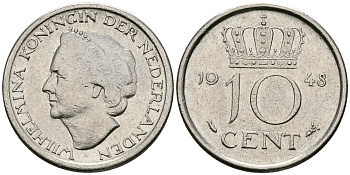 Нидерланды 10 центов 1948 Вильгельмина (1895-1948) KM 177 никель 96-519
