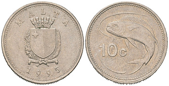 Мальта 10 центов 1995 золотая макрель KM 96 медно-никель 192-1245