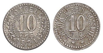 Госсвиц 10 пфеннигов 1921 Ассоциация потребителей Men05 9342.2, Men18 11704.2 железо 4636-934