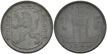 БЕЛЬГИЯ 1 ФРАНК 1944 BELGIE-BELGIQUE KM 128 цинк 4563-1155