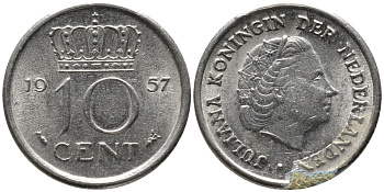 Нидерланды 10 центов 1957 Юлиана (1948-1980) KM 182 никель 4609-753