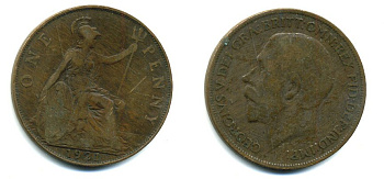 Великобритания 1 пенни 1921 Георг V (1910-1936) KM 810, Spink 4051 бронза 41-446