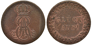Ганновер 1 пфенниг 1839 Эрнст Август (1837-1851), на удачу AKS 135 медь 1527-733