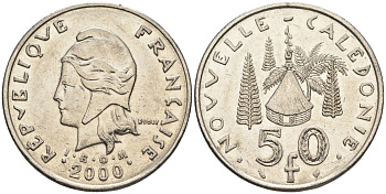 Французская Новая Каледония 50 франков 2000 хижина среди сосен и пальм, (IEOM) KM 13, Schoen 15, Lec 121 никель 4123-821