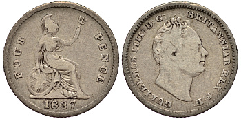 Великобритания 4 пенса (гроут) 1837 Вильгельм IV (1830-1837) КМ 723, Spink 3837 серебро 1520-1144