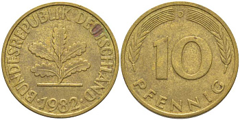 ФРГ 10 ПФЕННИГОВ 1982 D KM 108, J. 383 сталь плакированная латунью 175-751