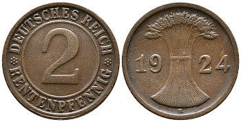 ГЕРМАНИЯ 2 РЕНТЕНПФЕННИГА 1924 F KM 31, J. 307 бронза 24-555