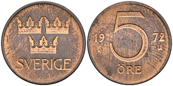Швеция 5 эре 1972 U, Густав VI Адольф (1950-1973) KM 845 бронза UNC 4609-267