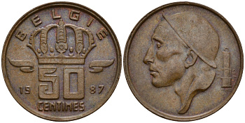 Бельгия 50 сантимов 1987 Belgie, Бодуэн I (1951-1993) KM 149 бронза 4154-1056