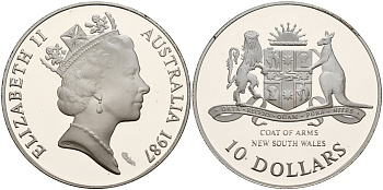 Австралия 10 долларов 1987 Новый Южный Уэльс, в оригинальной коробке, с сертификатом KM 93 серебро PROOF 5-6-4-11