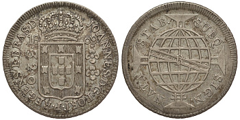 Бразилия 320 рейс 1809 В, Принц регент Жуан VI Бразильский (1799-1818), красивый перечекан KM 255.1 серебро 00-000-00