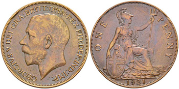 Великобритания 1 пенни 1921 Георг V (1910-1936) KM 810, Spink 4051 бронза 180-121