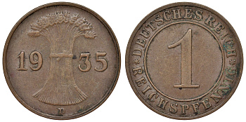 Германия 1 рейхспфенниг 1935 D KM 37, J. 313 бронза 4124-129