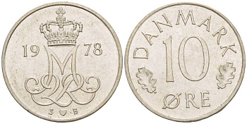 ДАНИЯ 10 ЭРЕ 1978 S; B, МАРГРЕТЕ II (1972-) KM 860.1 медно-никель 4551-144
