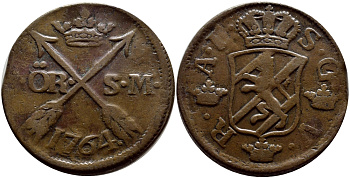 Швеция 2 эре 1764 DOT AFTER V. S.G.-V Адольф Фредерик (1751-1771) KM 461 медь 1528-845