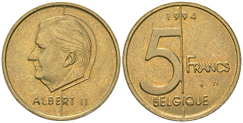Бельгия 5 франков 1994 Belgique, Альберт II (1994-2013) KM 189 алюминиевая бронза 4616-944