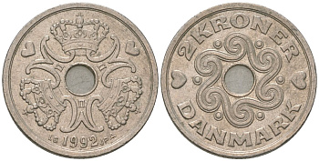 Дания 2 кроны 1992 сердце LG, Маргрете II (1972-) KM 874 медно-никель 4561-622