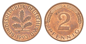 Германия 2 пфеннига 1993 A KM 106a, J.381a сталь плакированная медью aUNC 4630-1242