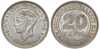 Британская Малайя 20 центов 1939 Георг VI (1937-1952) KM 5 серебро 53-356