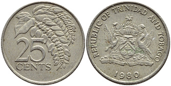 Тринидад и Тобаго 25 центов 1980 цветок дикая пуансеттия KM 32 медно-никель 4396-748