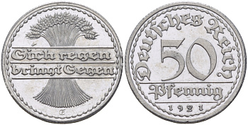 Германия 50 пфеннигов 1921 E KM 27, J. 301 алюминий PROOF 00-817-20