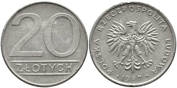ПОЛЬША 20 ЗЛОТЫХ 1987 MW KM 153.1 медно-никель 111-222
