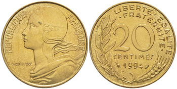 ФРАНЦИЯ 20 САНТИМОВ 1994 ТИП MARIANNE KM 930, LE FRANC 156.37 алюминиевая бронза 217-235