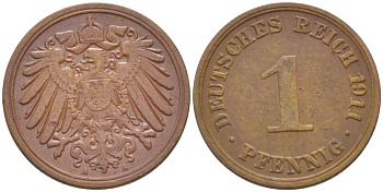 Германия 1 пфенниг 1911 A KM 10, J. 10, Weege 2 медь 211-438