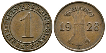 ГЕРМАНИЯ 1 РЕЙХСПФЕННИГ 1928 A KM 37, J.313 бронза 4380-1144