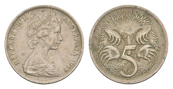 Австралия 5 центов 1968 Елизавета II (1952-2022) молодой портрет, ехидна KM 64 медно-никель 4151-762