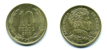 ЧИЛИ 10 ПЕСО 2010 ГЕНЕРАЛ БЕРНАРДО О ХИГГИНС KM 228.2 никель-бронза 37-822