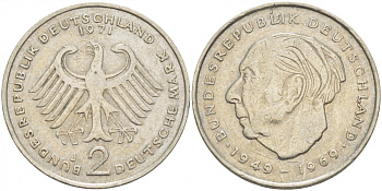 ФРГ 2 марки 1971 J, Теодор Хойс KM 127, J. 407 медно-никель плакированный никелем 3718-1053