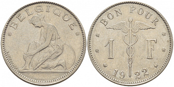 Бельгия 1 франк 1922 Belgique, Альберт I (1910-1934) KM 89 никель 261-945